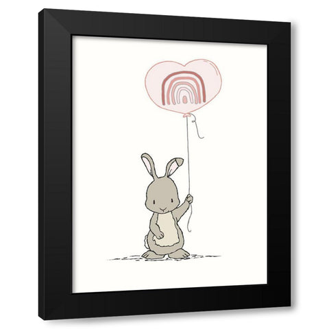 Bunny Heart Balloon Black Modern Wood Framed Art Print by Sweet Melody Designs