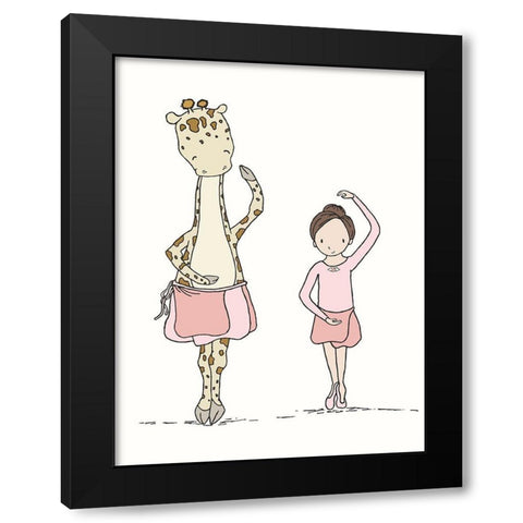 Girl And Giraffe Ballerina Black Modern Wood Framed Art Print by Sweet Melody Designs