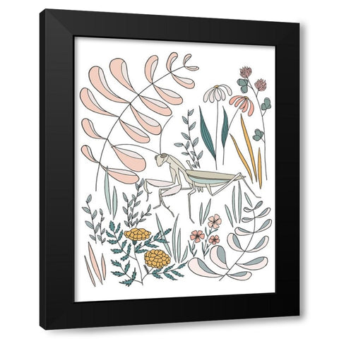 Praying Mantis Floral Black Modern Wood Framed Art Print by Sweet Melody Designs