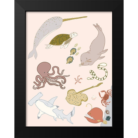 Sea Creatures Black Modern Wood Framed Art Print by Sweet Melody Designs