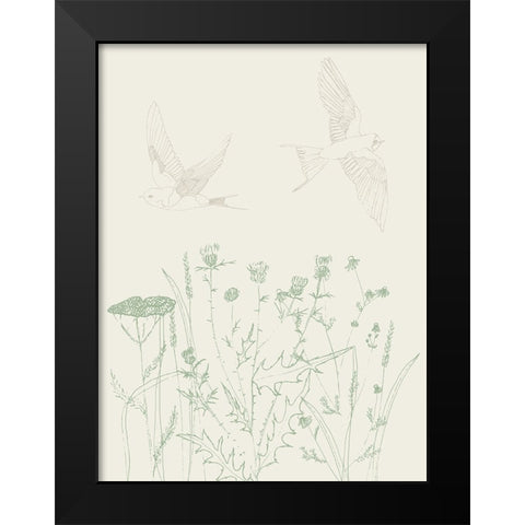Swallows And Wildflowers Black Modern Wood Framed Art Print by Sweet Melody Designs