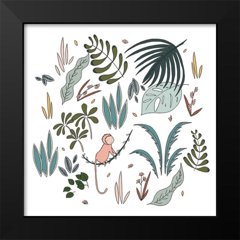 Botanical Jungle Monkey Black Modern Wood Framed Art Print by Sweet Melody Designs
