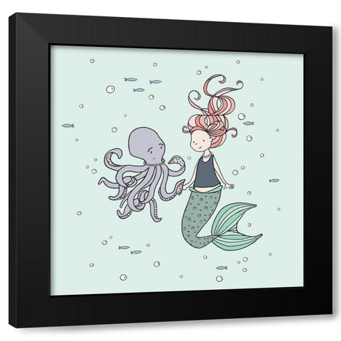Mermaid And Octopus Buddies Black Modern Wood Framed Art Print by Sweet Melody Designs