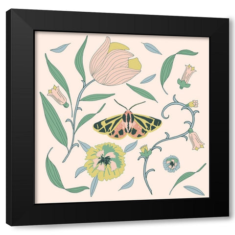 Botanical Tiger Moth Black Modern Wood Framed Art Print by Sweet Melody Designs