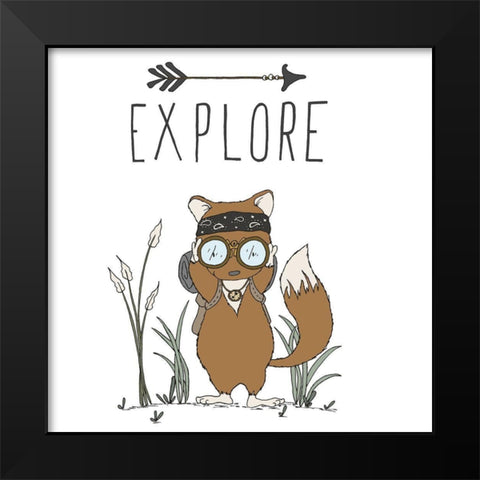Fox Explore Black Modern Wood Framed Art Print by Sweet Melody Designs