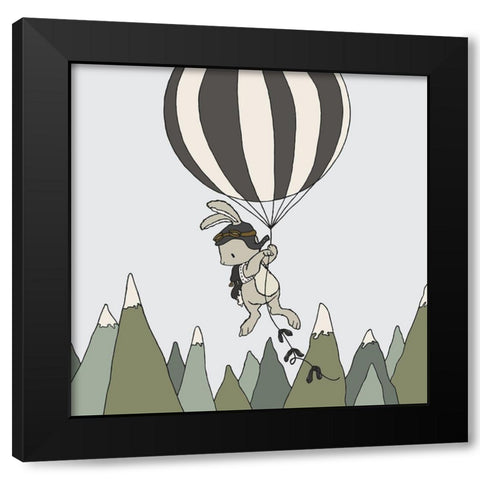 Bunny Balloon Adventure Black Modern Wood Framed Art Print with Double Matting by Sweet Melody Designs