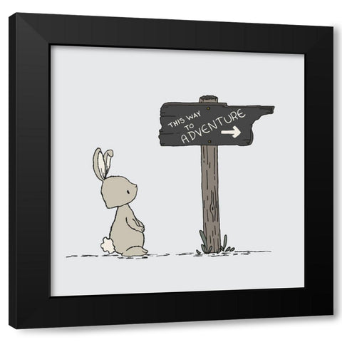 Bunny This Way To Adventure Black Modern Wood Framed Art Print by Sweet Melody Designs