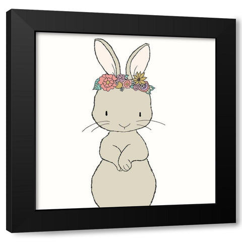 Bunny Floral Crown Black Modern Wood Framed Art Print by Sweet Melody Designs