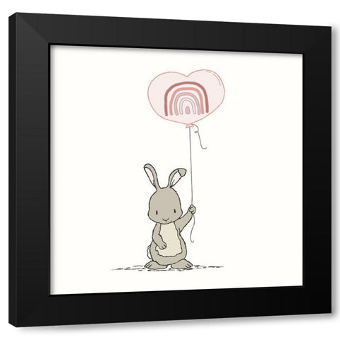 Bunny Heart Balloon Black Modern Wood Framed Art Print with Double Matting by Sweet Melody Designs