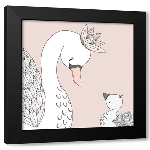 Swan Mama Baby Black Modern Wood Framed Art Print with Double Matting by Sweet Melody Designs