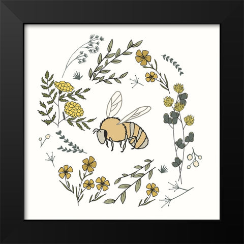 Honeybee Flowers Black Modern Wood Framed Art Print by Sweet Melody Designs