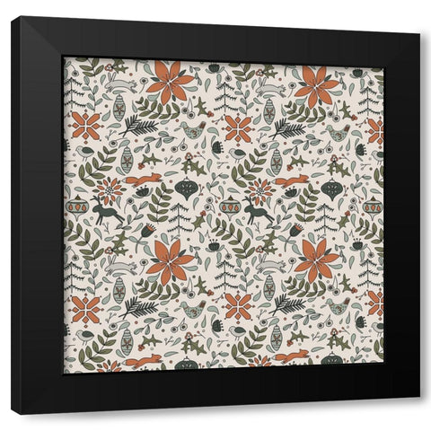 Festive Folk Pattern Cream Black Modern Wood Framed Art Print by Sweet Melody Designs