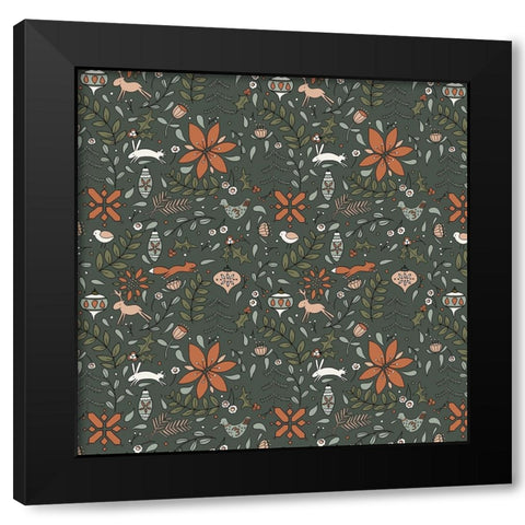 Festive Folk Pattern Deep Green Black Modern Wood Framed Art Print with Double Matting by Sweet Melody Designs