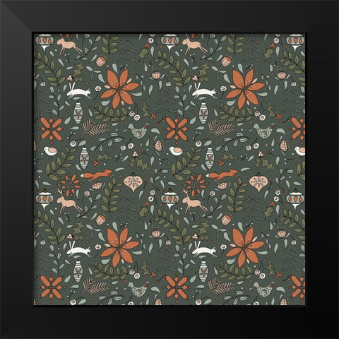 Festive Folk Pattern Deep Green Black Modern Wood Framed Art Print by Sweet Melody Designs