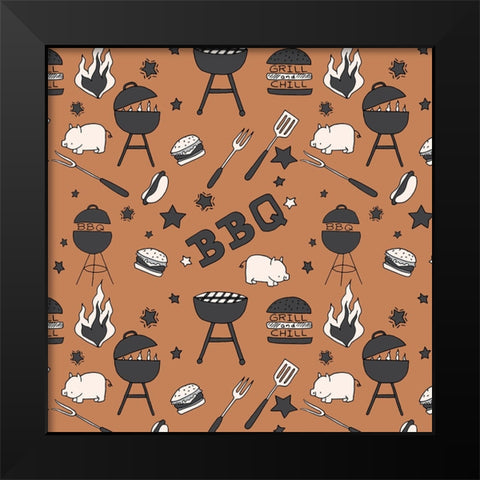 BBQ Grill Pattern Black Modern Wood Framed Art Print by Sweet Melody Designs