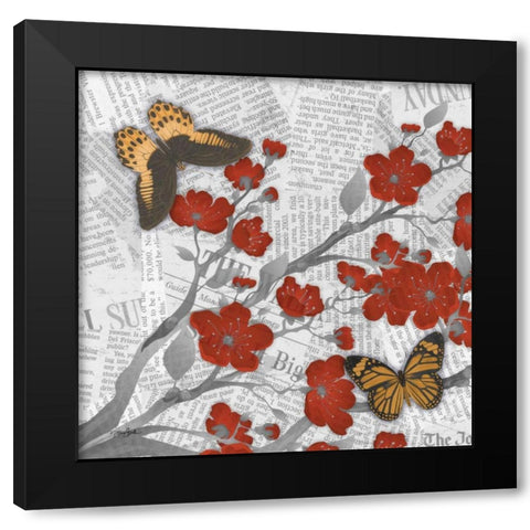 Cherry Blossom Bflies 3 Black Modern Wood Framed Art Print with Double Matting by Stimson, Diane