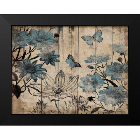 Blue Floral Wood Black Modern Wood Framed Art Print by Grey, Jace
