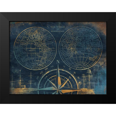 Golden Sea Blue Map Black Modern Wood Framed Art Print by Grey, Jace