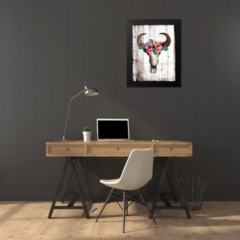 Bull Floral Crown Black Modern Wood Framed Art Print by Grey, Jace