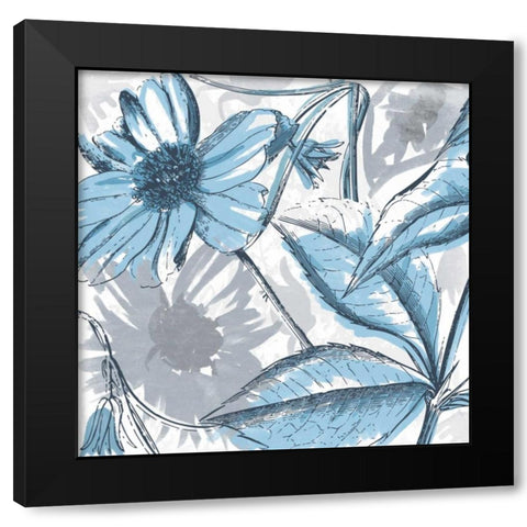 Sketch Flowers Blue Black Modern Wood Framed Art Print with Double Matting by Grey, Jace