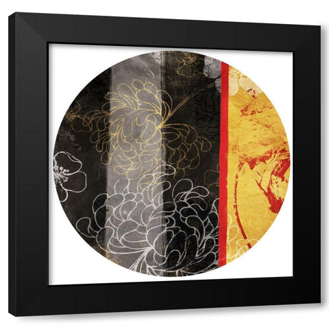 Golden Floral Abstract Circle Black Modern Wood Framed Art Print with Double Matting by Grey, Jace