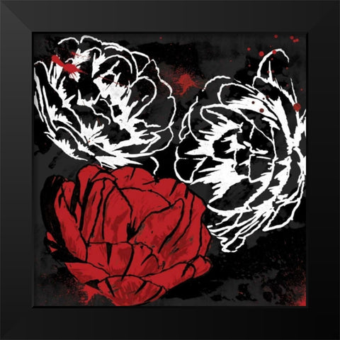 Red Florals Black Modern Wood Framed Art Print by Grey, Jace