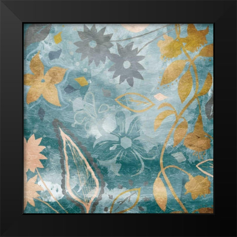 Golden Teal Florals Black Modern Wood Framed Art Print by Grey, Jace