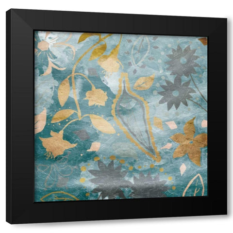 Golden Teal Florals Mate Black Modern Wood Framed Art Print with Double Matting by Grey, Jace