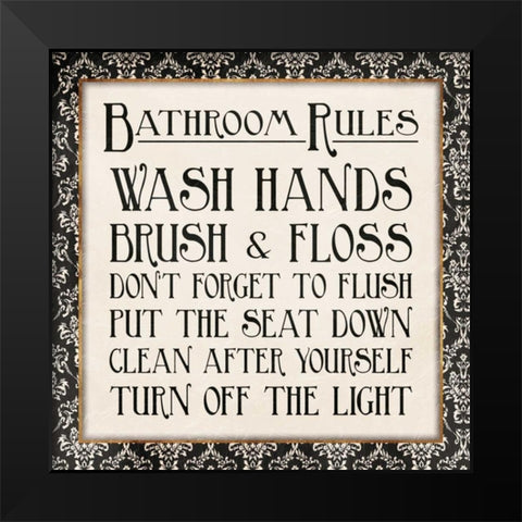 Black Gold Bath Rules Black Modern Wood Framed Art Print by Grey, Jace