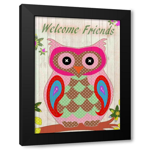 Patchwork Owl Welcome Black Modern Wood Framed Art Print with Double Matting by Allen, Kimberly