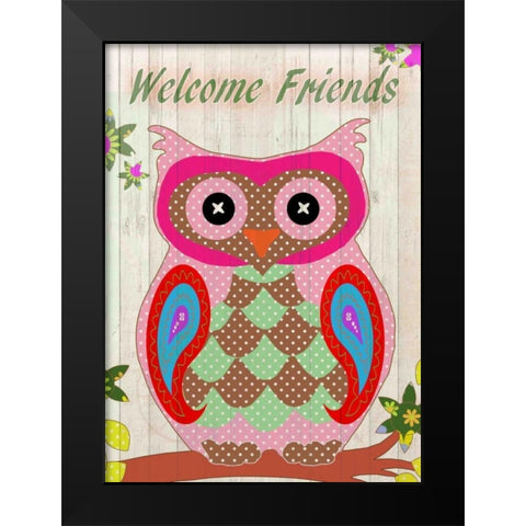 Patchwork Owl Welcome Black Modern Wood Framed Art Print by Allen, Kimberly