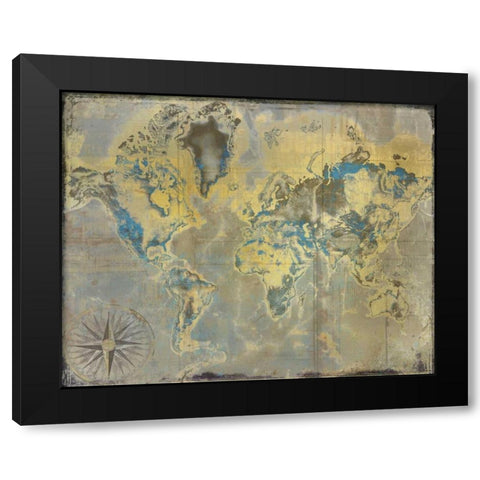 Golden Teal World Map Black Modern Wood Framed Art Print with Double Matting by Allen, Kimberly