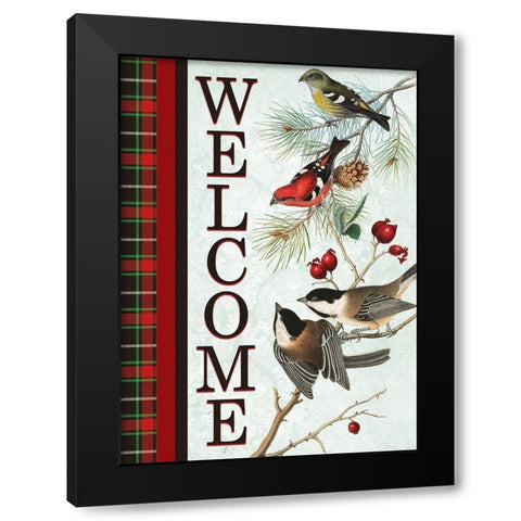 Christmas Birds Welcome Black Modern Wood Framed Art Print by Kimberly, Allen