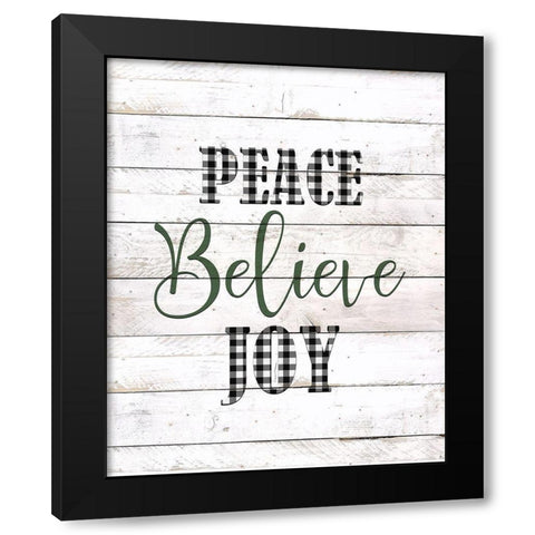 Peace Believe Joy Plaid Black Modern Wood Framed Art Print by Kimberly, Allen