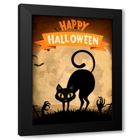 Happy Halloween Black Cat Black Modern Wood Framed Art Print with Double Matting by Allen, Kimberly