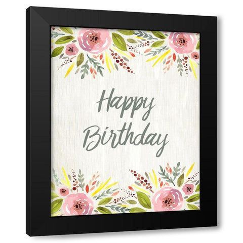 Happy Birthday Watercolor Floral Black Modern Wood Framed Art Print by Kimberly, Allen