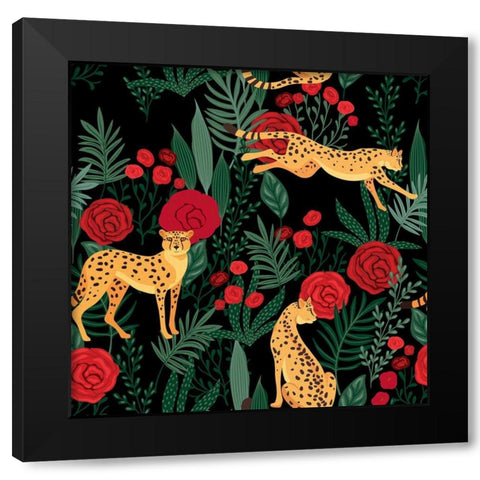Leopard and Roses Pattern Black Modern Wood Framed Art Print by Allen, Kimberly