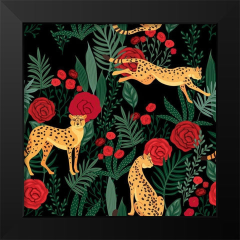 Leopard and Roses Pattern Black Modern Wood Framed Art Print by Allen, Kimberly