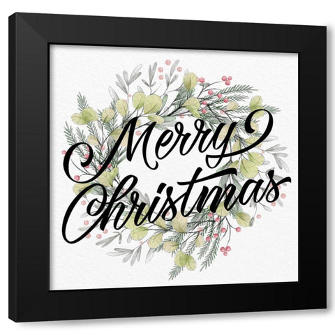 Merry Christmas Wreath Greens Black Modern Wood Framed Art Print by Allen, Kimberly