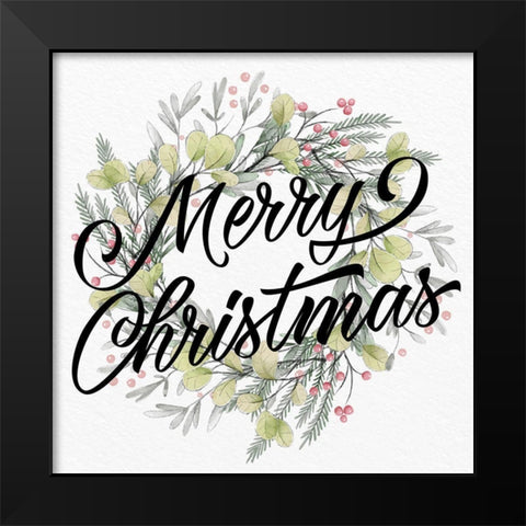 Merry Christmas Wreath Greens Black Modern Wood Framed Art Print by Allen, Kimberly
