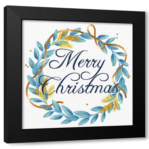 Merry Christmas Wreath Blues Black Modern Wood Framed Art Print with Double Matting by Allen, Kimberly