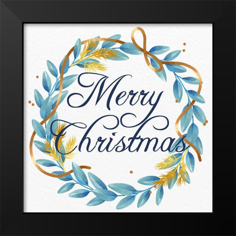 Merry Christmas Wreath Blues Black Modern Wood Framed Art Print by Allen, Kimberly