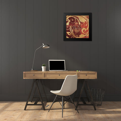 Red and Gold Believe Black Modern Wood Framed Art Print by Emery, Kristin