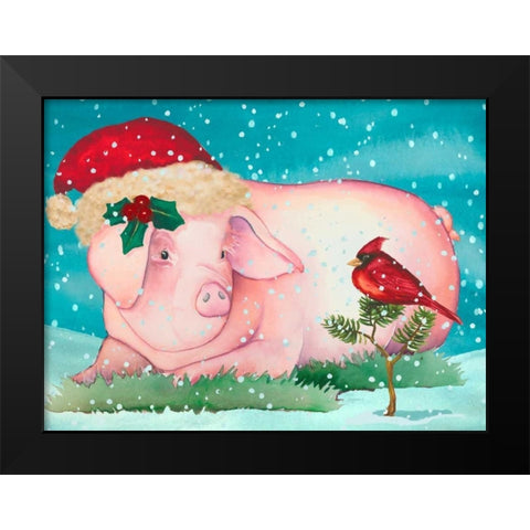Christmas Pig And Friend Black Modern Wood Framed Art Print by Korsgaden, Laurie
