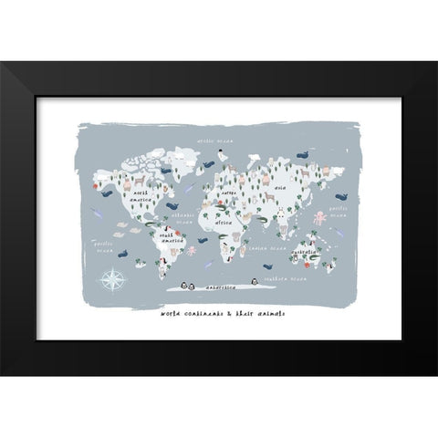 World Continents Map Black Modern Wood Framed Art Print by Straatsma, Leah