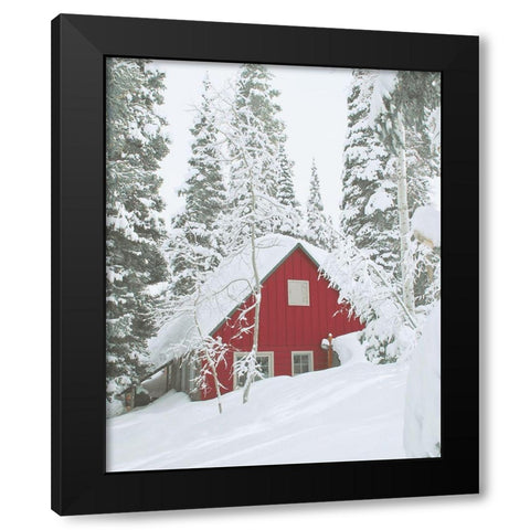 Red Winter Cabin Black Modern Wood Framed Art Print with Double Matting by Straatsma, Leah