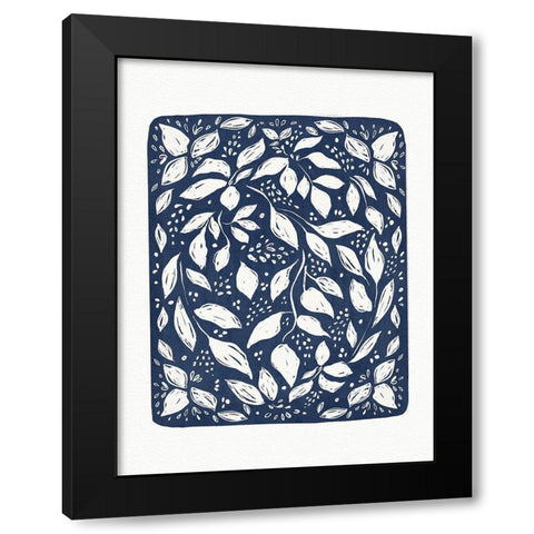 Blue Lino Floral Black Modern Wood Framed Art Print by Straatsma, Leah