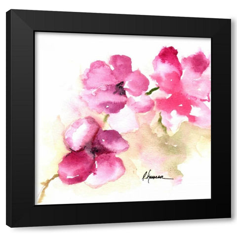 Pink Posies Black Modern Wood Framed Art Print with Double Matting by May