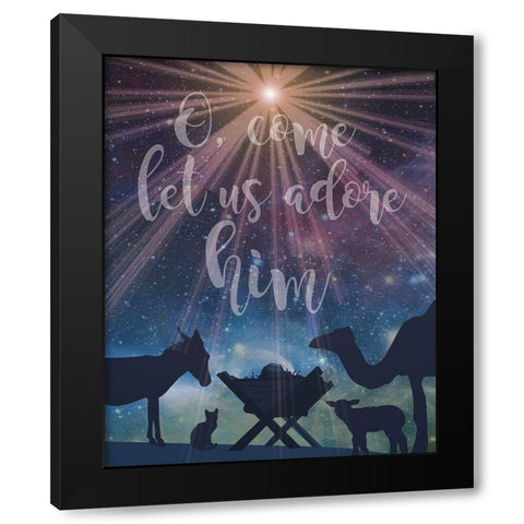 Christmas Manger Adore Black Modern Wood Framed Art Print by Hogan, Melody