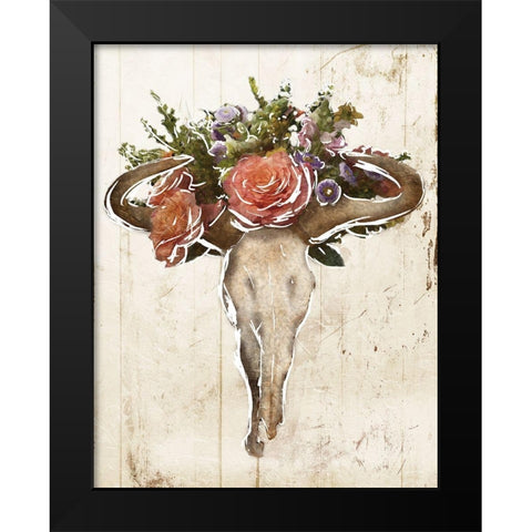 Flower On The Skull Black Modern Wood Framed Art Print by Villa, Mlli